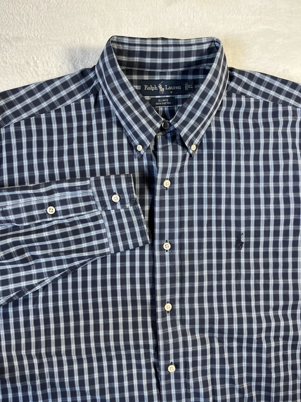 Ralph Lauren Blake Shirt Mens XL Blue Check Long Sleeve 100% Cotton Classic